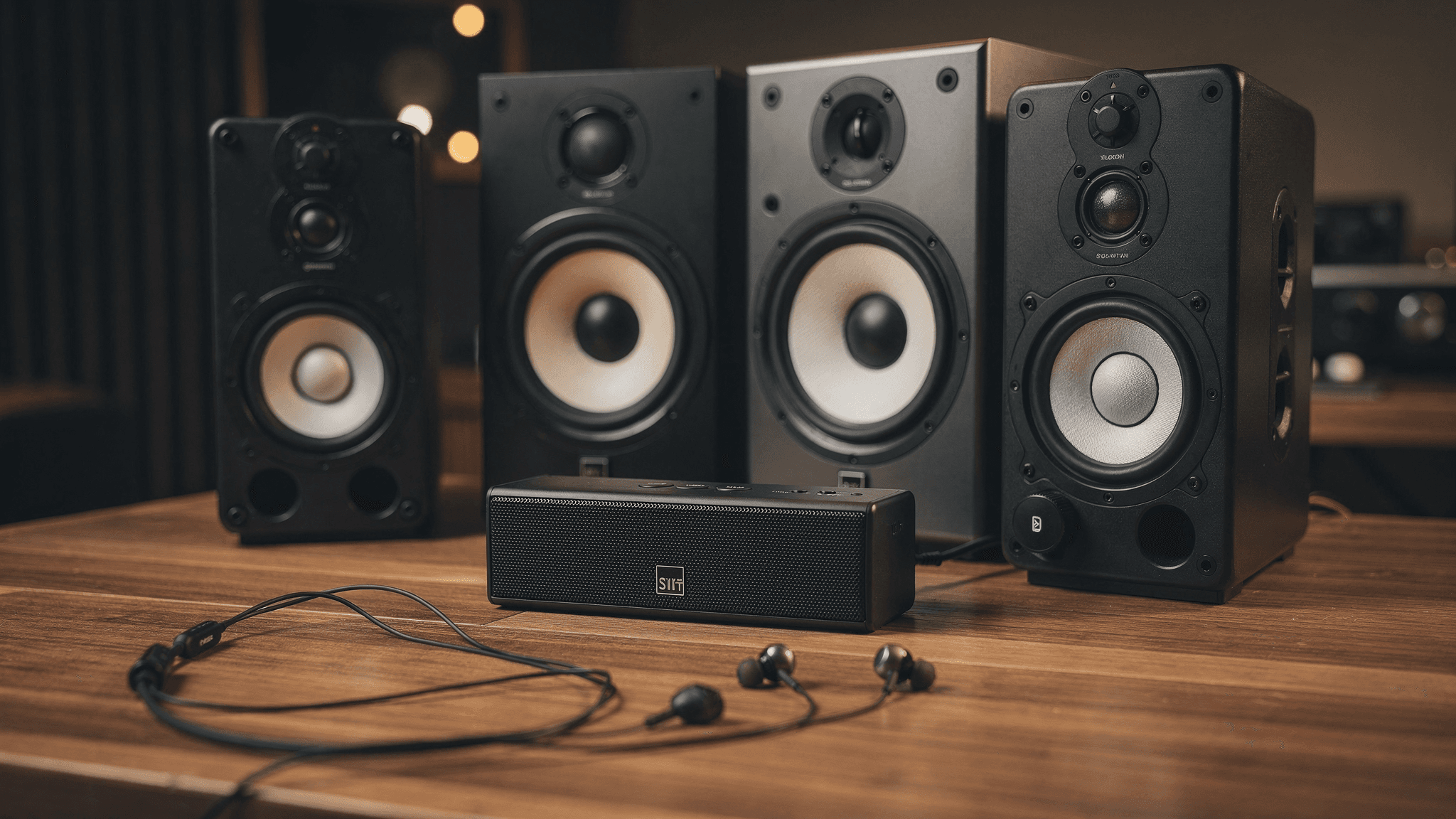 A range of playback systems on one desk: two pairs of monitors, a bluetooth speaker, and earbuds. Image generated with Artlist.